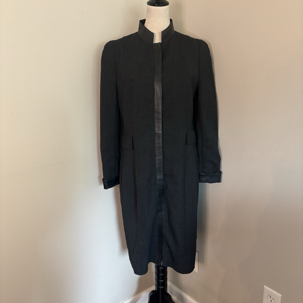 AKRIS Mainline Black Wool Lambskin Leather Trim Mandarin Collar Dress US 10 D 40